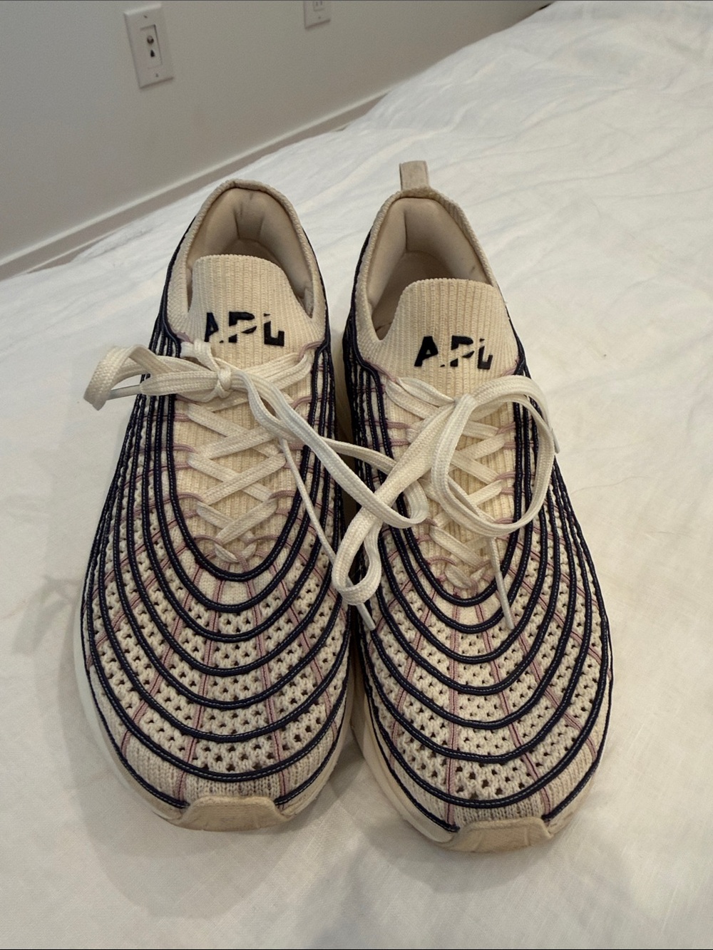 A.P.C. Ivory Knit Lace-Up Sneakers with Navy Stripe Detailing